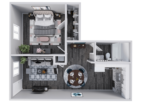 Floor plan for 1 bed, 1 bath, 652 sqft